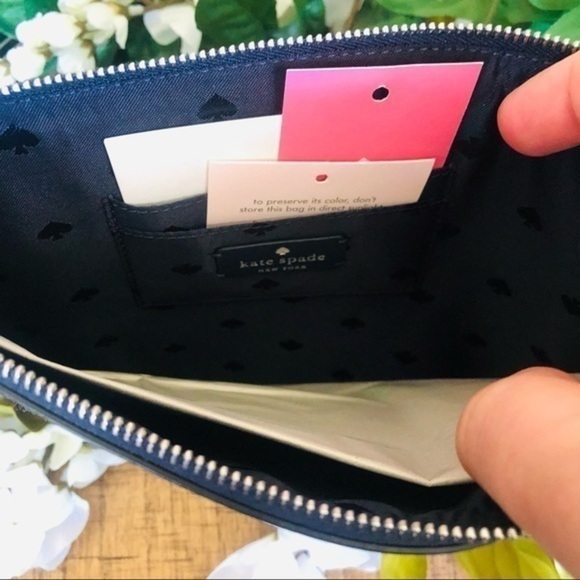 Kate Spade New York Blue & White Stripe Canvas Zip Pouch with Leather Trim NWT